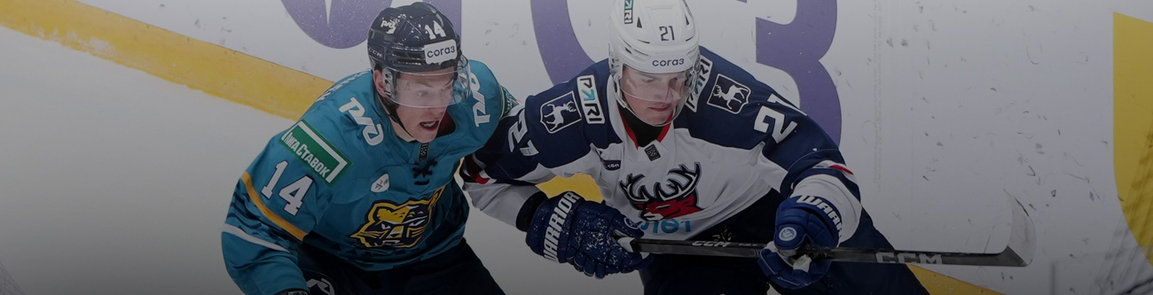 На изображении два хоккеиста в сине-голубой и белой форме борются за шайбу у борта. На форме игроков видны различные логотипы. Игра происходит на ледовой арене